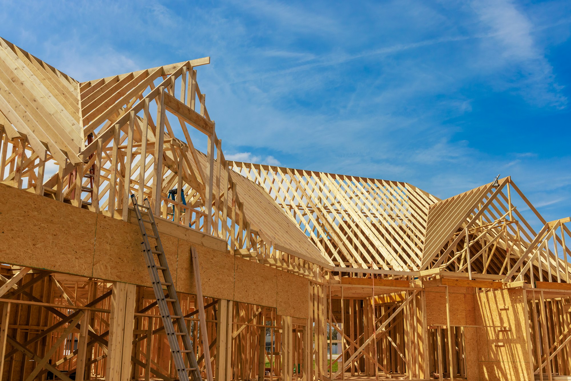 The framing beams of house in construction.